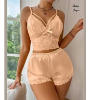 Intive Sugar Açık Sarı V Yaka Dantel Büstiyerli Saten Pijama Takımı/İç Çamaşır Takımu
