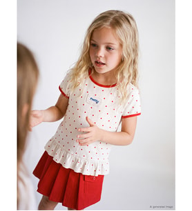 LCW Kids Ekru Puantiye Desenli Fırfırlı Kız Çocuk Tişört