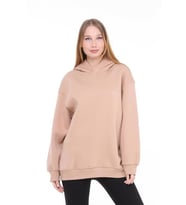 Pastelastore Pamuklu Kapüşonlu 3 İplik Şardonlu Kalın Oversize Sweatshirt (Bej)