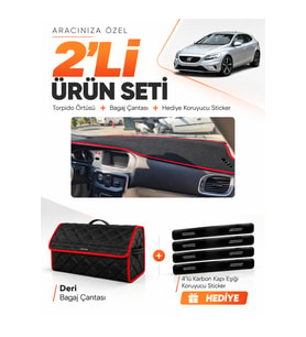 VOLVO V40 (2012-2019) Uyumlu Torpido Örtüsü + Deri Bagaj Çantası + Sticker Seti - Siyah Kırmızı