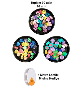 90 Adet 10 mm Polimer Kil Fimo Boncuk Takı Bileklik + 5 Metre Misina Hediye - Kalp - Deniz - Çiçek