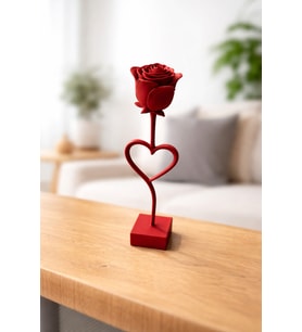 Kalpli Gövdeli Dekoratif Kırmızı Gül Masa Üstü Şık Biblo Özel Tasarım Süs