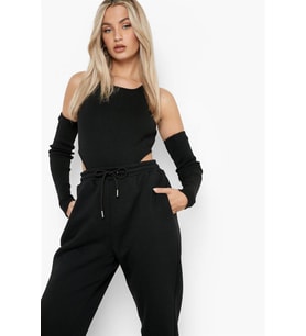 Siyah Kalın Kumaş Kolluklu Bodysuit