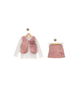 Kız Çocuk Peluş Yelekli Üçlü Takım – Pudra Şort Etekli Kombin (2-5 Yaş) (Pembe)