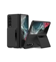 Samsung Galaxy Z Fold 4 Uyumlu Kılıf Karbon Fiber, Suni Deri Görünümlü Standlı Kartlık Bölmeli Kapak (Siyah)