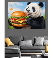 Hamburger Yiyen Sevimli Dev Panda Dekoratif Kanvas - Mdf Ahşap Tablo