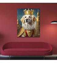 Tekli Dikey Kanvas Duvar Tablosu Kral Kostümlü Beyaz Golden Köpek