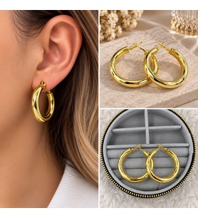 Premium Parlak ve Şık Gold Renk Büyük Boy Halka 316L Çelik Kadın Küpe