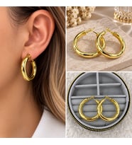 Premium Parlak ve Şık Gold Renk Büyük Boy Halka 316L Çelik Kadın Küpe