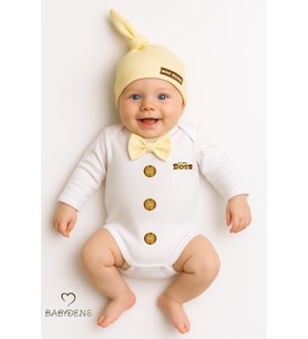 BABYDEN'S Minik Patron Erkek Bebek Uzun Kollu Çıtçıtlı Body ve Bere Seti Düğme Baskılı, Papyonlu %100 Pamuklu (Sarı)