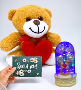 Kalpli Sevimli Peluş Ayıcık, Senin İçin Kartı ve Renkli Led Işıklı Fanus Seti (Model 3)
