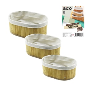 3 BOY OVAL BAMBU KENAR ORGANİZER SEPET AHŞAP ALTLIK - BEZLİ 13X22-16X26-20X30CM