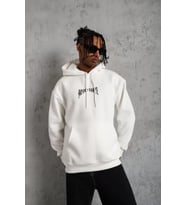 Erkek Kordon İpli Baskılı Kapüşonlu Sweatshirt - Beyaz