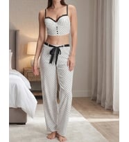 Bicomi Kadın Pamuklu Puantiyeli Bralet Sütyenli Rahat Kalıp Dantel Detaylı Ev Giyim ve Pijama Takımı