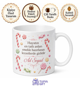 İsimli Şeker Kamışı Desenli Şekerci Kupası Özel Tasarım Hediye Bardak