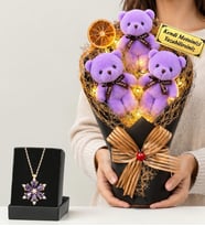 Kişiye Özel Led Işıklı Büyük Boy Mor Peluş Ayıcık Buketi ve Gerçek Ametist Taşlı Lotus Kolye