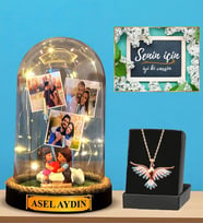 Premium Set - Kişiye Özel Led Işıklı Fanus ve Renkli Zümrüdü Anka Kuşu Kolyesi (Model 10)