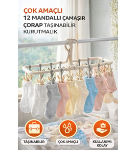 Katlanabilir 12 Mandallı Taşınabilir Çorap ve İç Çamaşırı Askısı Çok Amaçlı Çamaşır Kurutmalık (Gri)