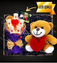 Kişiye Özel Fotoğraflı Led Işıklı Kalpli Ayıcıklar Buketi & Kalpli Peluş Ayıcık (Mor)
