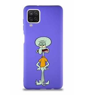 Samsung Galaxy A12 Soft Premier Kapak Squidward Dokunaç Tasarımlı Silikon Kılıf - Mor (Şeffaf)