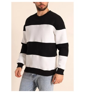 Parçalı Bisiklet Yaka Baskılı SweatShirt - Siyah