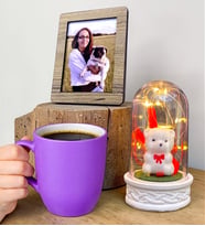 Kişiye Özel Set Mor Kupa Bardak, Led Işıklı Fanus ve Fotoğraf Seti (Model 5)