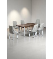 Minel Açılabilen Metal Ayak MDF Mutfak Masası Takımı 6 Krem Sandalye 80 x 132