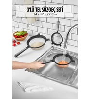 Tencereye Takılabilen 3'lü Tel Süzgeç Seti (14cm-17cm-22cm) (Gri)