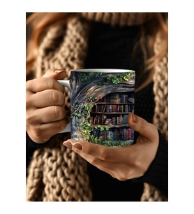 Mağara Ve Ağaç İçi Kitaplık Kütüphane Baskılı 3D Tasarım Seramik Kupa Mug - Hediyelik (01)