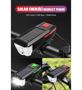 Su Geçirmez Güneş Enerjili Led Işıklı Bisiklet Farı - Kornalı Usb Ile Şarj Edilebilir Fener - 11 Cm