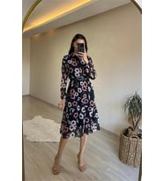 Neşeli butik kadın desenli gömlek yaka midi elbise NM011 (Mor)