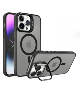Apple iPhone 15 Pro Max Uyumlu Magsafe Stantlı Premium Kılıf Lens Hediye (Siyah)