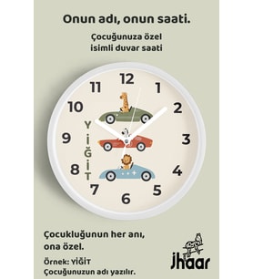 İsme Özel Sevimli Arabalı Hayvanlar Çocuk Odası Duvar Saati Orta Boy 30 cm Beyaz Camlı Sessiz