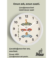 İsme Özel Sevimli Arabalı Hayvanlar Çocuk Odası Duvar Saati Orta Boy 30 cm Beyaz Camlı Sessiz