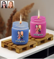 BK Gift Kişiye Özel DTF Karikatürlü 2’li Mavi ve Pembe Renkli Cam Kavanozda Kokulu Mum-2, Arkadaşa Hediye, Sevgiliye Hediye