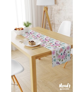 Pembe Mavi Çiçekler Desenli Baskılı Süet Runner Masa Örtüsü