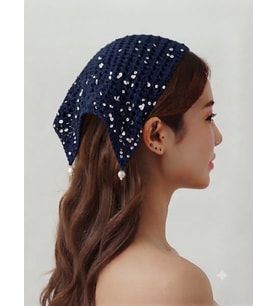 İnci Detaylı Pul İşlemeli Örgü Bandana