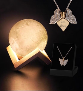 Kişiye Özel Kelebek Kanat Kolye & Dekoratif Ayaklı 12cm 3D Ay Gece Lambası Hediye Seti (Rose)