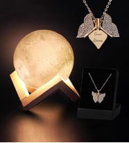 Kişiye Özel Kelebek Kanat Kolye & Dekoratif Ayaklı 12cm 3D Ay Gece Lambası Hediye Seti (Rose)