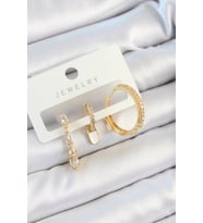Pirinç Zirkon Taşlı Sallantılı Model Gold Renk 3'lü Çift Kadın Küpe Set - TJ-BKP10829
