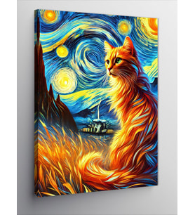 Kanvas Tablo Van Gogh Tarzı Renkli Kedi