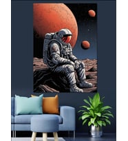Uzayda Oturan Modern Astronot Figürü Dekoratif Kanvas - Mdf Ahşap Tablo