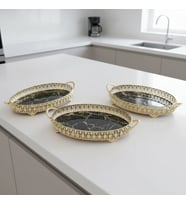 3 Adet Gold Renk Mermer Desen Metal Çerçeveli Cam Nişan-Servis Tepsi Seti – 28×19 cm (Siyah-Gold)