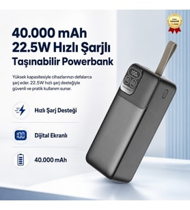 P32-4 40.000 mAh Powerbank 22.5W Hızlı Şarjlı Dijital Ekranlı Taşınabilir Şarj Cihazı