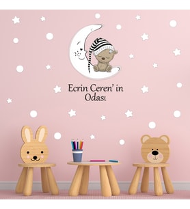 Kişiye Özel İsimli Ay Üzerinde Uyuyan Sevimli Ayıcık, Yıldızlar ve Puantiyeler Duvar Sticker Seti - 6 Renk Seçenekli Bebek ve Çocuk Odası Dekorasyonu (Beyaz)