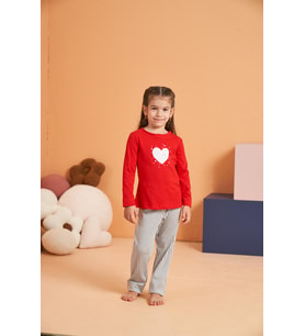 Pjs Kız Çocuk Anne-Kız %100 Pamuklu Kalpli Desenli Çizgili Uzun Kollu Pijama Takım