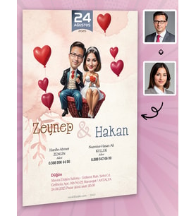 Karikatürlü Kişiye Özel Düğün Nişan Kına Davetiyesi 50 Adet Beyaz Zarflı 7007