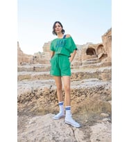 Monamise Kadın Kısa Kollu "Stay Strong" 3'lü  Crop Şort Takımı 23084  (Yeşil)