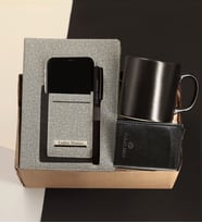 Kişiye Özel Termo Deri Gri Defter & Kişiye Özel Metal Tükenmez Kalem & Mekanızmalı Kartlık & Kupa Bardak Hediye Seti