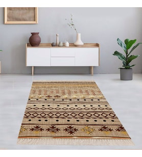 Kilim Desenli Etnik Dijital Baskı Yıkanabilir Kaymaz Taban Eskitme Salon Halı ve Yolluk (Açık Kahverengi)